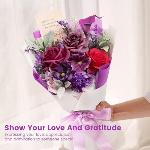 TINGE TIME Mothers Day Preserved Flowers Bouquet, Forever Flowers Gifts for Mom, Birthday Gifts for Women, Eternal Roses Bouquet for Grandma Wife Anniversary Graduation(Purple) - Thumbnail 6