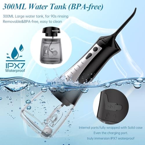 Water Flosser for Teeth 300ML Cordless,Portable Water Dental Floss Pick IPX7 Waterproof 5 Modes & 6 Jet Tips Noise<70db, Water Picks for Teeth Cleaning and Flossing, Braces, Gums,Oral Care - Thumbnail 4