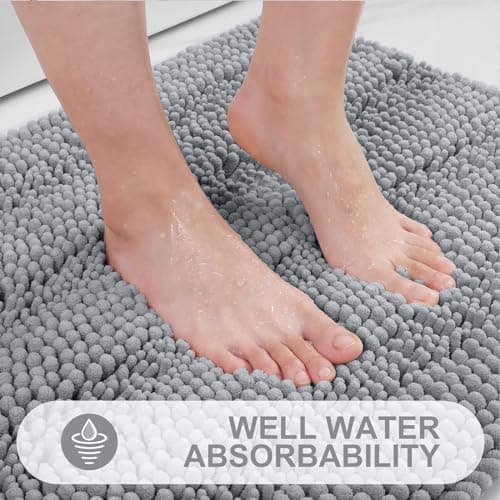 Grandaily Chenille Striped Bathroom Rugs 36x24, Extra Thick and Absorbent Bath Mats, Non-Slip Soft Plush Shaggy Shower Carpet, Machine Wash Dry, Bath Rug for Bathroom, (Large, Light Grey) - Thumbnail 5