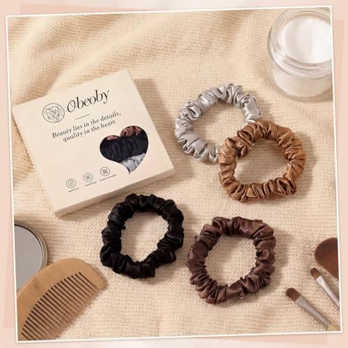 100% Mulberry Skinny Scrunchies for All Hair Types, 4 Pack 2.7inch Silk Hair Ties No Damage Reduce Fracture Indentations for Women Girls - Thumbnail 5