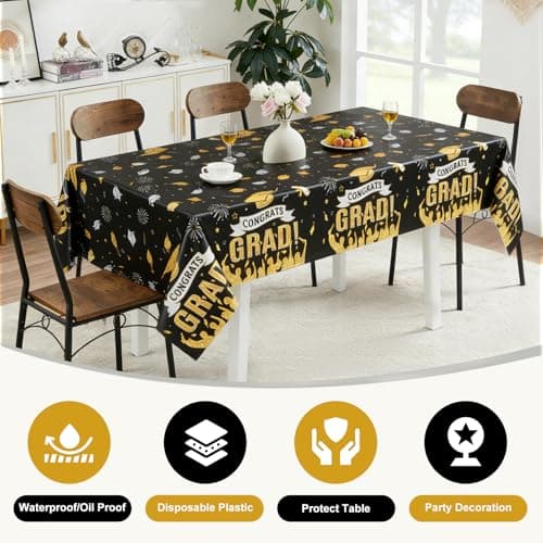 Accevo Graduation Decorations 2026, 108" X 54" Graduation Tablecloth, Black Gold Rectangle Class of 2026 Table Cloths, Disposable Plastic Congrats Grad Tablecover for Grad Party Supplies, 2 Pack - Thumbnail 3