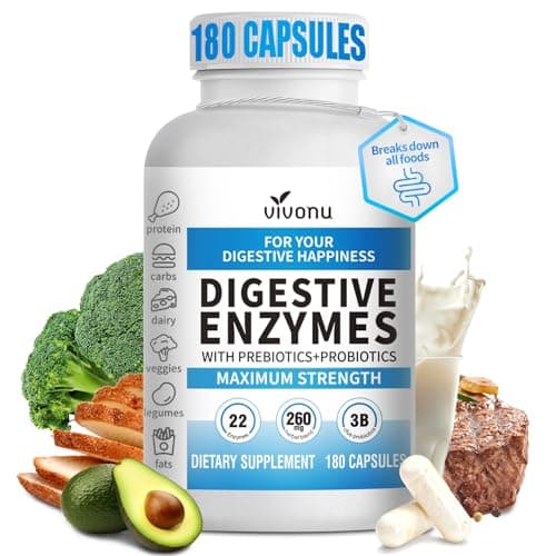 VivoNu Digestive Enzymes | 22 Enzymes with Organic Prebiotics & Probiotics | Supports Digestion* of Protein, Carbs, Fiber & Dairy | 180 Capsules