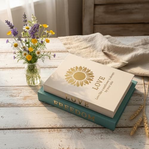 VEKALON Decorative Faux Book Decor - Set of 2 Linen Golden Butterfly Sunflower Fake Book Storage Box for Coffee Table,Bookshelf and Home Decoration(Tiffany Blue Beige) - Thumbnail 2