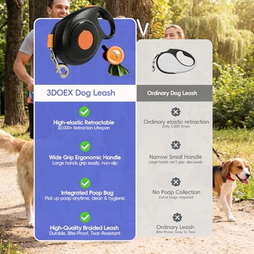 Retractable Dog Leash 26FT for Medium & Large Dogs, Sturdy Heavy-Duty Nylon Tape with Secure Locking Carabiner & Poop Bag Holder, Smooth One-Hand Control, Anti-Slip Handle, Tangle-Free Design (Black) - Thumbnail 3