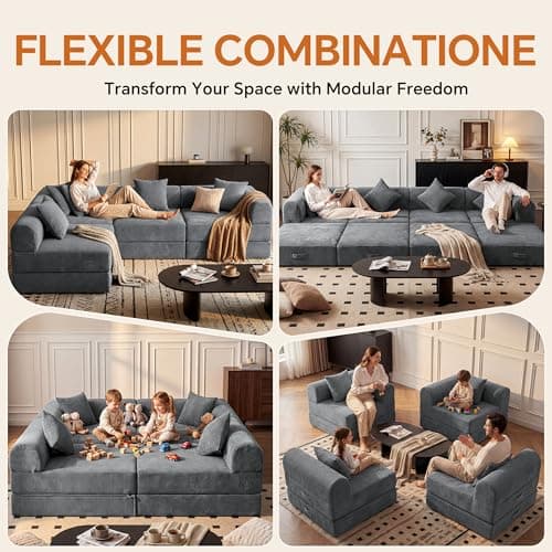 ceamorfco 112 Inch Modular Cloud Couch Sectional with 4 Pillows, Corduroy 4-Seat Convertible Sofa Bed for Living Room, Deep Seat Floor Sofa, High-Density Foam Modular Sectional Sofa, Grey - Thumbnail 3