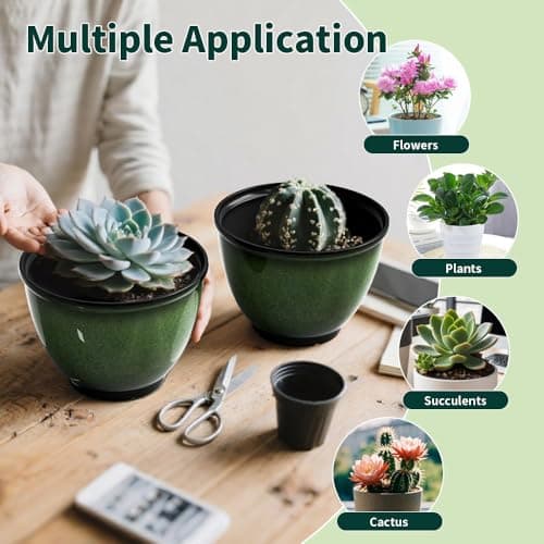 Vanslogreen 8 Inch Plastic Plant Pots, Set of 4 Flower Pots Planters with Drainage Hole, Glossy Smooth Finish Planter for Indoor Outdoor Succulent Snake Plants (Green) - Thumbnail 5