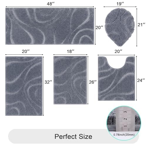 HEBE Bathroom Rugs Sets 5 Piece, Soft Absorbent Microfiber Bath Mat for Bathroom, Non Slip Washable Bath Rug Set with Toilet Cover, Bath Runner and U-Shaped Contour Toilet Rug, Dark Grey - Thumbnail 2