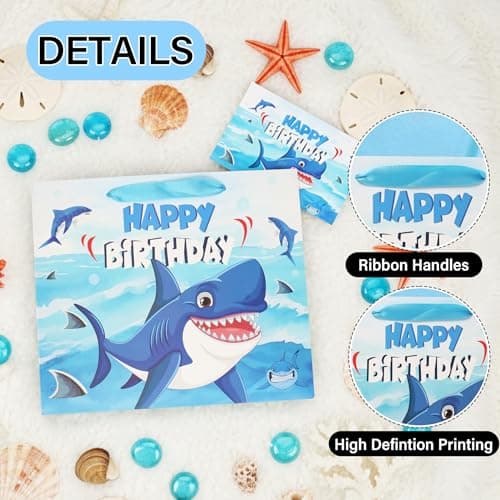 Birthday Gift Bags for Boys Girls - Blue Shark Birthday Gift Bag Ocean Gifts Bag Set for Boy Girl Big Brother Sister Durable Cartoon Shark Greeting Card Envelope 3 Tissues Paper Gift Wrapping 12 Inch - Thumbnail 5