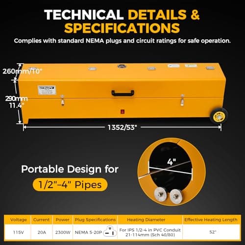 OTRUZPV 1/2" to 4" Electric PVC Conduit Heater with Temperature Detector, 2300W Portable PVC Pipe Heater with Wheels for Electricians, Contractors & Workshop Pipe Bending Projects - Thumbnail 6
