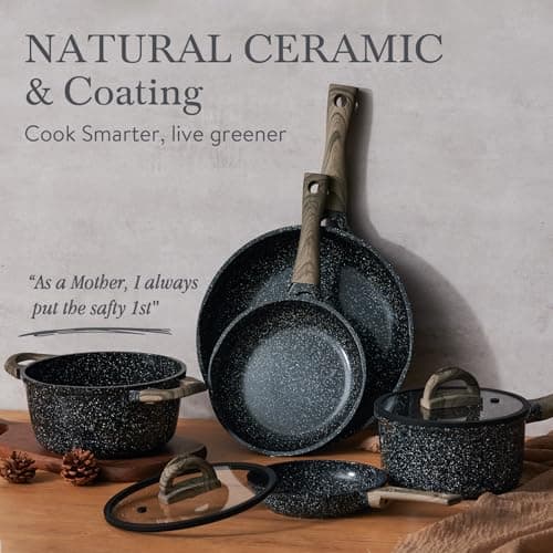 Pots and Pans Set Non Stick Non-Toxic 22 Pcs Ceramic Cookware Sets Nonstick Kitchen Pot&Pan With Lid Black Granite Induction Compatible with Glass Lids Crepe Frying Pan PFOA/PFOS-Free - Thumbnail 2