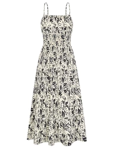 GRACE KARIN Summer Dresses for Women 2026 Vacation,Smocked Floral Maxi Dresses,Boho Beach Long Sundress Beige Black M - Image 1