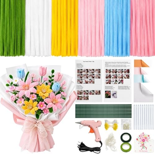 600 PCS Pipe Cleaner Flower Kit, 6-Color Bulk Chenille Stems with Glue Gun & 10 Glue Sticks for DIY Crafts & Holiday Decorations - Image 1