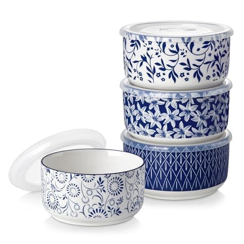 vancasso 36 Oz Ceramic Serving Bowls with Lids Set of 4, Porcelain Lunch Bowls with Lids for Food Storage, Prep Bowl for Kitchen, Microwave & Dishwasher Safe,Series SELENE - Image 1