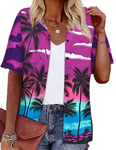 LILYCHIC Womens Hawaiian Tops Summer Floral Print V Neck Shirt Short Sleeve Tropical Beach Luau Party Outfits Purple 3XL - Image 1