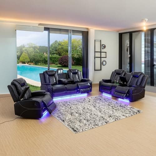 FUOROLA Living Room Furniture Set,3-Piece Power Recliner Sofa Set with Adjustable Lumbar Support, Faux Leather Couch with LED Light Sectional Sofas for Home Theater,Nursery,Apartment, RV - Image 1