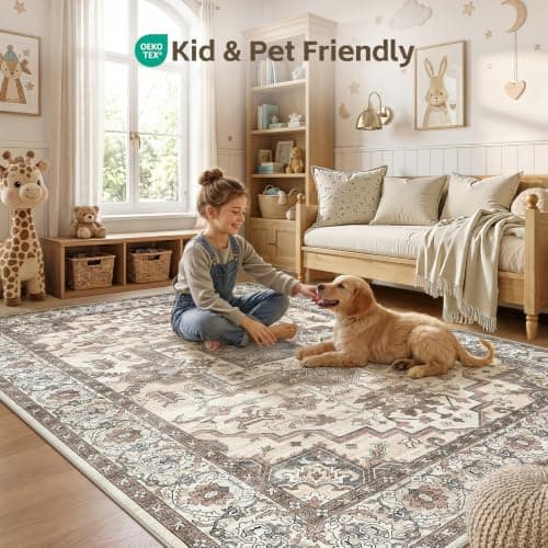 Jessibou 5x7 Area Rugs Living Room: Washable Vintage Rug Large Non-Slip Stain Resistant Ultra Soft Low Pile Pet Kids Friendly Carpets for Bedroom Dining Room Nursery Home Office Decor - Light Brown - Thumbnail 6
