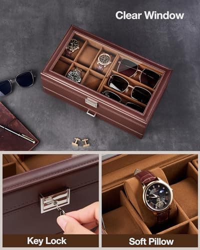 ProCase Mens Jewelry Box, Lockable 6 Slot Watch Case & 3 Slot Sunglasses Organizer, 2-layer Mens Jewelry Organizer Watch Box for Men, Watches Holder Display Storage Valentine Birthday Gifts -Brown - Thumbnail 5