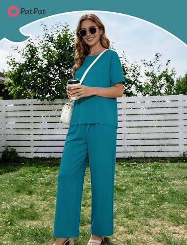 PATPAT Lounge Sets for Women Short Sleeve Pajama Set Soft Comfy Elastic Pjs 2 Piece Loungewear Outfits with Pockets Turquoise, XXL - Thumbnail 3