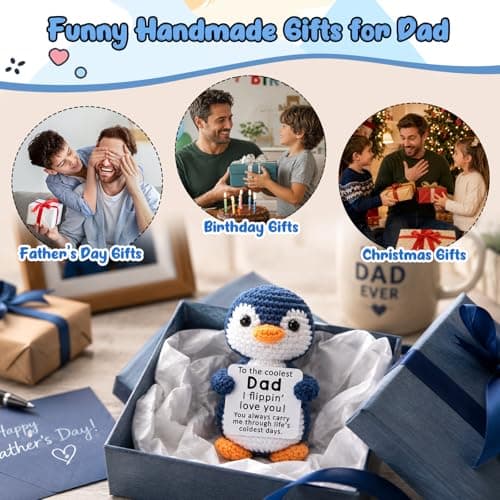 Fathers Day Dad Gifts from Daughter Son, Mini Dad Birthday Gift Father's Day Card Decoration Ideas Funny Daddy Gift Bonus Step New Single Best Dads Ever Present Christmas 2026 Handmade Crochet Penguin - Thumbnail 6