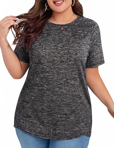 Hithymo Workout Clothes for Women Plus Size, Short Sleeve Gym Tops Loose Fit Tunic Length Crewneck Quick Dry Lightweight Moisture Wicking Breathable Yoga Running Tshirts Dark Grey - Thumbnail 2