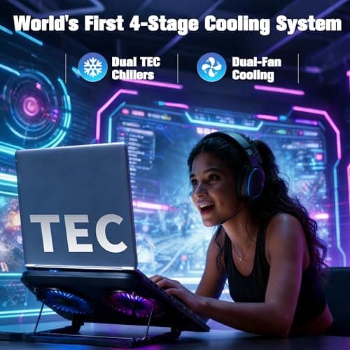 PZT Dual-Core TEC Laptop Cooling Pad with Dual Stepless-Quiet Fans, 5-Height Adjustable Laptop Cooling Stand, 10-Level RGB for 13-17 Inch Laptops, Includes 15W Charger, Smoky Black - Thumbnail 3