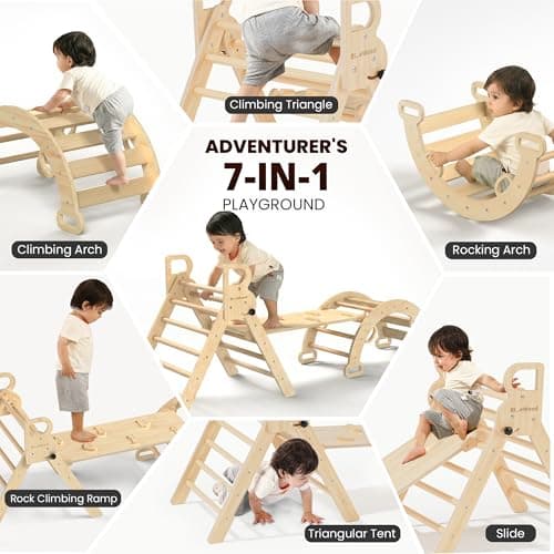 BlueWood Pikler Triangle Set, Toddler Wooden Climbing Toys Indoor 7in1 Climber, Foldable Kids Climbing Toys, Montessori Play Jungle Gym with Arch, Ramp, Ladder (Natural) - Thumbnail 3