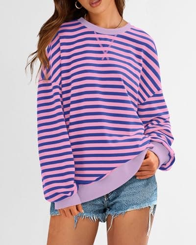 BTFBM Sweatshirt For Women 2026 Summer Crewneck Long Sleeve Oversized Striped Pullover Tops Y2K Clothes Workout Shirt(Blue Pink, X-Large) - Thumbnail 4