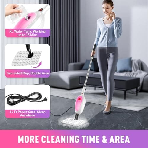 Steam Mop, Detachable Handheld Steam Cleaner with 10-in-1 Multipurpose Accessories, Two-sided Mop, Double Cleaning Area, Multi Surfaces Steamer for Wood Floor, Tile, Window, Clothes, Furniture & Grout - Thumbnail 6