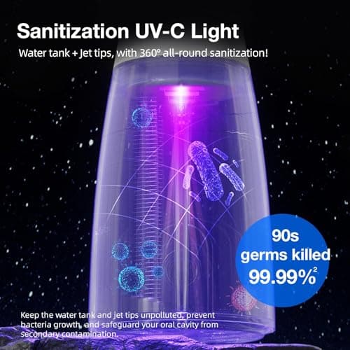KIWIBIRD Water Dental Flosser Cordless with UVC Light, 3 Modes Portable Oral Irrigator, IPX7 Waterproof, 300ML Tank, Electric Teeth Cleaner for Tonsil Stones, Home & Travel Use (Black & White) - Thumbnail 3