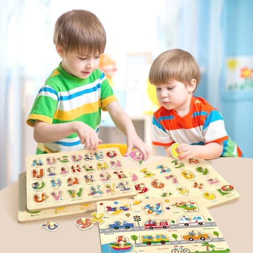 edutree Wooden Peg Puzzles for Toddlers 2-4, 6 Pack Educational Peg Puzzles Montessori Toys, Learning Puzzles for Kids Girs Boys 1-3 3-5 with Alphabet Number Animal Vehicle Shape - Thumbnail 5