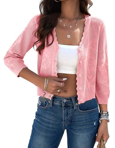 Kate Kasin Cropped Cardigans for Women Summer Casual 3/4 Sleeve V Neck Button Down Hollow Out Crochet Sweater Shrugs Pink XXL - Image 1