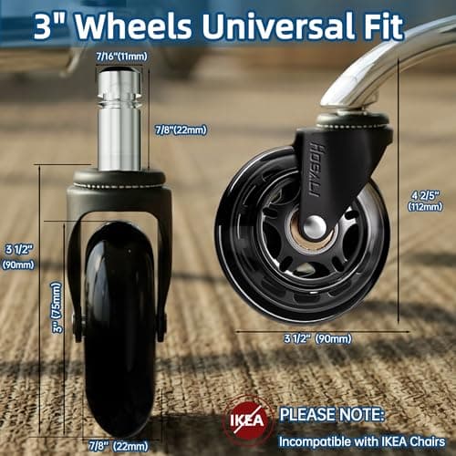 HOSALI 3 Inch Office Chair Wheels - Rubber Chair Casters Replacement, Heavy-Duty Computer Gaming Desk Caster Wheel Smooth & Safe Rolling for All Floors Including Hardwood and Carpet, Set of 5 - Thumbnail 3