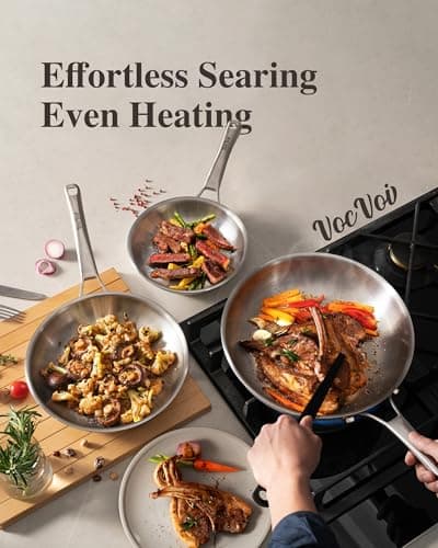 VocVoi Stainless Steel Pan, 12 Inch with Lid Stainless Steel Frying Pan, Non Toxic Tri-Ply Skillet, PFOA&PTFE Free, Oven and Dishwasher Safe, Induction Compatible - Thumbnail 4