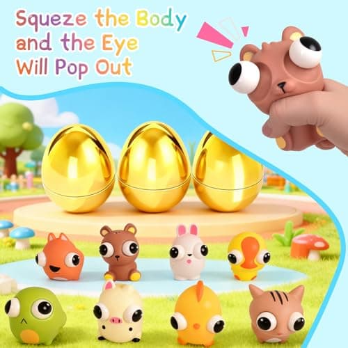 Aurdox 8 Pack Jumbo Golden Easter Eggs Fillers with Popping Eyes Fidget Toys, Squeeze Animals for Stress Relief, Easter Basket Stuffers & Easter Hunt Party Favors Classroom Prize Gifts for Kids - Thumbnail 3