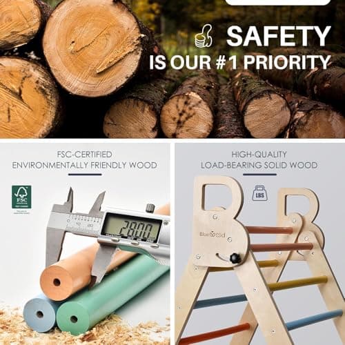 BlueWood Pikler Triangle Set with Cushion, 8-in-1 Foldable Wooden Toddler Climbing Toys Indoor Playground Jungle Gym Montessori Philosophy Climber for 2-6 Years Old, Baby, Kids (Rainbow) - Thumbnail 6