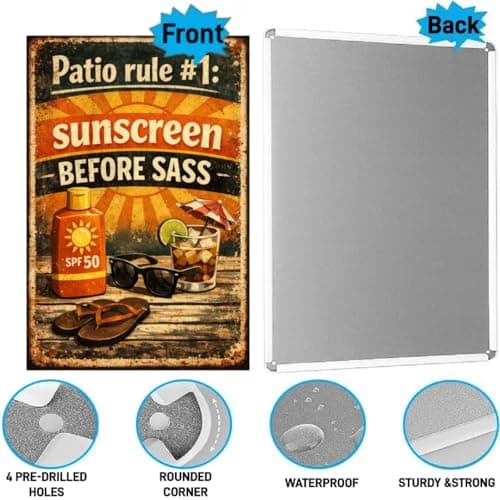 Patio Rule #1 Sunscreen Before Sass Vintage Tin Sign Funny Outdoor Wall Decor Retro Summer Humor Metal Plaque Rustic Backyard Porch Bar Poolside Garden Art 8x12 Inch - Thumbnail 6