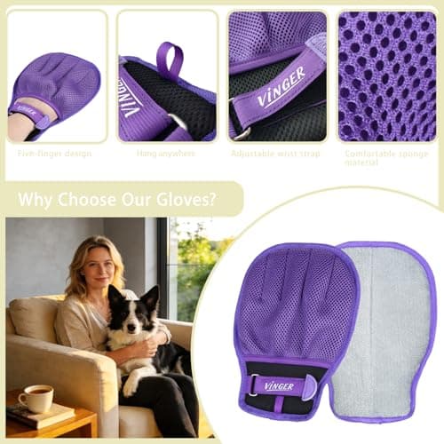 VINGER Pet Hair Removal Glove for Cats & Dogs, Electrostatic Pet Hair Gloves with Adjustable Wristband, Five-Finger Magic Brush Remover Tool for Laundry, Carpet, Couch, Car Seats & Clothing (Purple) - Thumbnail 6
