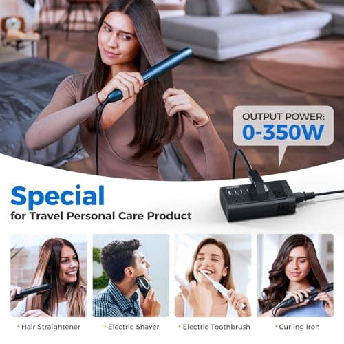 Upgraded 220V to 110V Converter for European Travel- 350W Voltage Converter US to Europe for Using Most U.S. Travel Devices Abroad- Hair Straightener Curler Shaver Toothbrush Laptop Camera Phone - Thumbnail 3