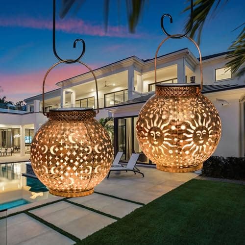 Go2garden Gifts 2Pack Solar Lanterns Outdoor Waterproof Mothers Day Gifts for Mom Moon Star Sun Solar Lights for Balcony, Yard,Birthday Gifts for Women Grandma Wife (Bronze) - Thumbnail 4