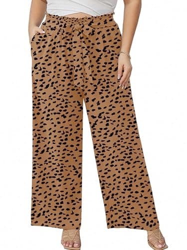 AusLook Plus Size Wide Leg Pants for Women High Waist Elastic Drawstring Palazzo Casual Lounge Beach Travel Vacation Resort Almond Leopard 1X Pants with Pockets Flowy Summer Comfy Outfit - Image 1