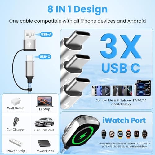 Travel Essentials Multi Charging Cable for iWatch Charger, 4in2 3XUSB C Cable Multiple Charger Cord, USBC Car CarPlay Cable Compatible with iWatch Ultra/11-1/iPhone 17-15/Galaxy S25-22, 5F Blue - Thumbnail 3