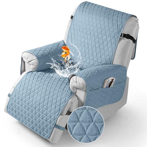 TAOCOCO 100% Waterproof Recliner Chair Covers, Non Slip Recliner Covers that Stay in Place, One-Piece Washable Reclining Chair Cover with Elastic Straps, Light Blue, Fits 25" Seat Width