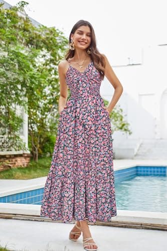 Women's 2025 Summer Sleeveless Boho Floral Maxi Dress V Neck Casual Long Dresses with Pockets - Thumbnail 2