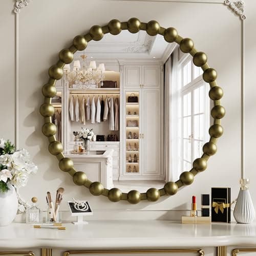 WISSMIELS Round Vintage Vanity Mirror, 24 Inch Beaded Frame Circle Wall Mirror for Bathroom, Bedroom Dresser, Entryway, Living Room, Decorative Hanging Wall Mirror, Bronze - Image 1