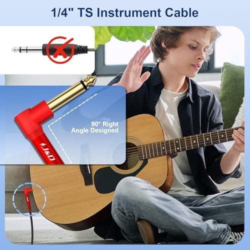 J&D Guitar Cable 2Pack, 1/4 Inch TS Instrument Cable, 6.35mm Cord for Electric Guitar, Bass, Keyboard, Amplifier, Speaker, Right Angle to Straight, Red, 6.6 Feet - Thumbnail 2