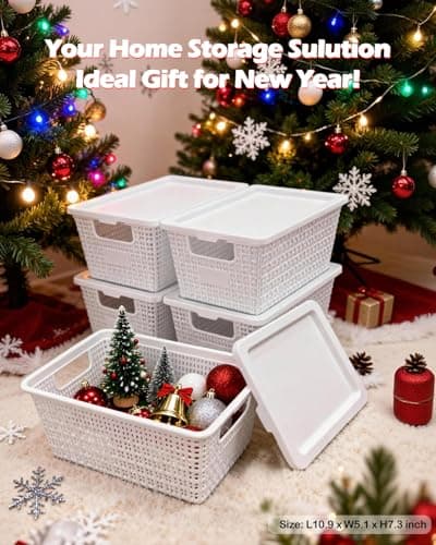 VEGITERIA Plastic Storage Baskets with Lids [6-Pack] – Stackable Organizing Bins with Secure Snap-On Lids for Pantry, Bathroom & Closet | 11"x7"x5" Bins Hold 25lbs, Dustproof & Water-Resistant, White - Thumbnail 4