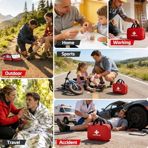382 Piece Portable First Aid Kit, Emergency Preparedness Supplies for Home, Car, Travel, Camping, Office and Outdoor Use, Compact Red Bag with Assorted Bandages, Gauze and Care Accessories - Thumbnail 4