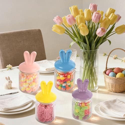 Easter Candy Dish – 4 Pack Glass Bunny Candy Jars with Ceramic Bunny Ear Lids, 250ml Easter Cookie Jar for Mini Eggs and Easter Table Decor - Thumbnail 3