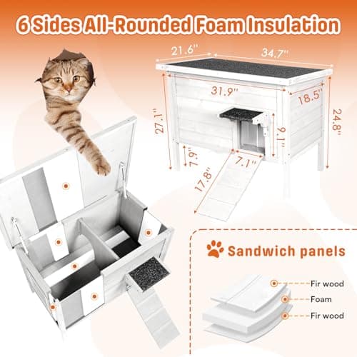 BRIOPAWS Outdoor-Cat-House-Insulated | Feral-Cat-Shelter for Winter | Weatherproof | Large Wooden Pet House for Multiple Cats | Foldable Ladder | Acrylic Side Window | White - Thumbnail 2