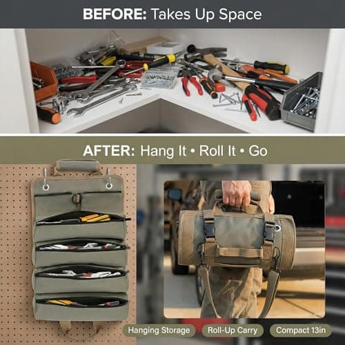 Yobobo Tool Bag for Hand Tools: 6 Zipper Pockets Keep Tools Sorted - Hang-Open Access on Hooks/Pegboard - Heavy-Duty Garage Organizer for Homeowner DIY Repairs - Thumbnail 4